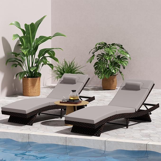 Outdoor Lounge Chairs Set of 2,Wicker Chaise Lounge Chair Pool Chaise Lounge,Patio Lounge Chair with Adjustable Backrest Arm Cushion for Poolside (Light Gray, No armrests)
