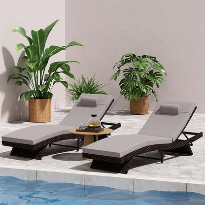 Outdoor Lounge Chairs Set of 2,Wicker Chaise Lounge Chair Pool Chaise Lounge,Patio Lounge Chair with Adjustable Backrest Arm Cushion for Poolside (Light Gray, No armrests)