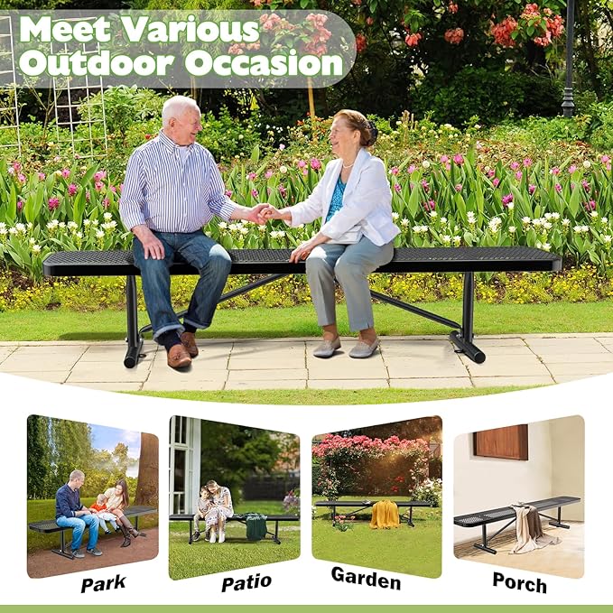 Heavy Duty Outdoor Metal Garden Park Bench, Steel Picnic Bench, Metal Mesh Outdoor Bench Porch Chair for Garden, Lawn, Patio, Porch, Park, Yard, Patio (Black, 8FT)