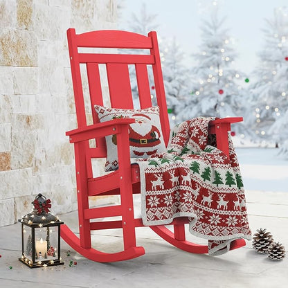LUE BONA Rocking Chair Outdoor, Weather Resistant Poly Plastic Rocker Chairs, 350lb Heavy Duty, Oversized Porch Rocker for Adult, High Back Smooth Rocking Chairs for Outdoor & Indoor, Bright Red