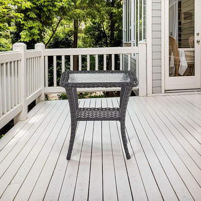 Belord Handwoven Wicker Side Table - 20 Inch Small Outdoor Table 2 Tier Storage with Tempered Glass Top, All Weather Outdoor Patio End Tables for Deck Balcony Outside Black