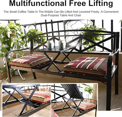 Outdoor Powder Coated Steel Park Bench, Weatherproof Outdoor Bench with Pull-Out Table, Metal Garden Bench for Garden, Patio, Porch, Max Load 660 LBS