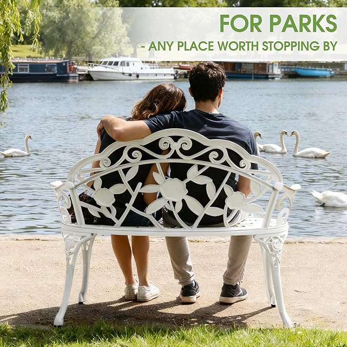 Outdoor Bench, Cast Aluminum Double Seating with Backrest and Armrests, Mental Outdoor Furniture for Patio, Porch, Garden, Park, White Rose