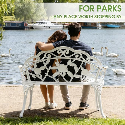 Outdoor Bench, Cast Aluminum Double Seating with Backrest and Armrests, Mental Outdoor Furniture for Patio, Porch, Garden, Park, White Rose