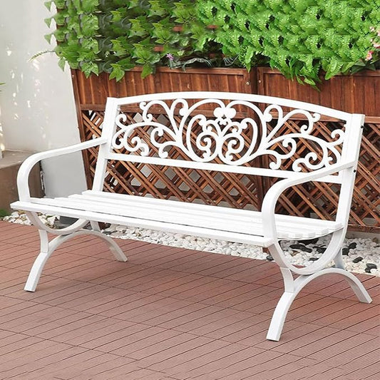 50" Outdoor Metal Garden Bench, Weatherproof Patio Seating for 2, Floral Backrest & Arch Legs, Perfect for Lawn, Porch, Park & Backyard (White)