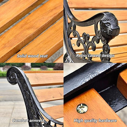 Cast Iron and Wood Garden Bench, Comfortable Outdoor Park Bench with Backrest & Armrests, Durable Natural Slatted Seat for Indoor, Patio, Garden, 49"x22.8"x30.7"