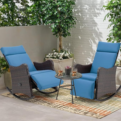 HOMREST Outdoor Recliners for Patio Set of 2, Wicker Rocking Chairs with Extended Footrest & Removable Cushion, Porch Balcony Lounges for Porch Garden, Navy Blue