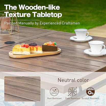 64" Patio Dining Table for 6,Teak Color Rectangle Patio Table with Umbrella Hole,E-Coating and Powder Coating Steel Frame Metal Outdoor Patio Table for Garden Backyard Lawn Yard