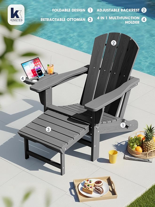KINGYES Adjustable Folding Adirondack Chair with Footrest & 4-in-1 Multi-Functional Armrest Organizer Set of 4, HDPE Foldable Recliner Adirondack Chair with Pull-Out Ottoman, Grey