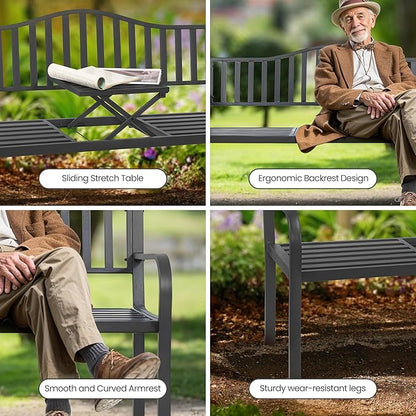 BODIOO Outdoor Metal Garden Bench 59" Patio Bench with Built in Table Park Bench, Outside Bench Weather Proof Front Porch Bench, 500lbs, Gray