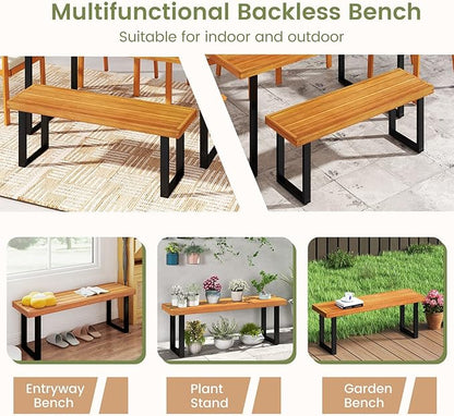 RELAX4LIFE Outdoor Bench Acacia Wood - 48’’ Garden Patio Dining Bench w/Slatted Seat, Metal Legs, 2-Person Backless Picnic Loveseat, Farmhouse Indoor Outdoor Furniture for Entryway Deck Park Porch (1)