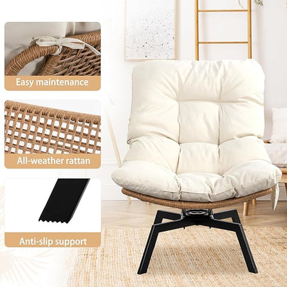 JAMFLY Outdoor Wicker Swivel Chair with Cushion, 360° Rotation Patio Lounge Chair for Living Room, Backyard, Balcony, Bohemian Farmhouse Style with Side Storage, Beige Cushion