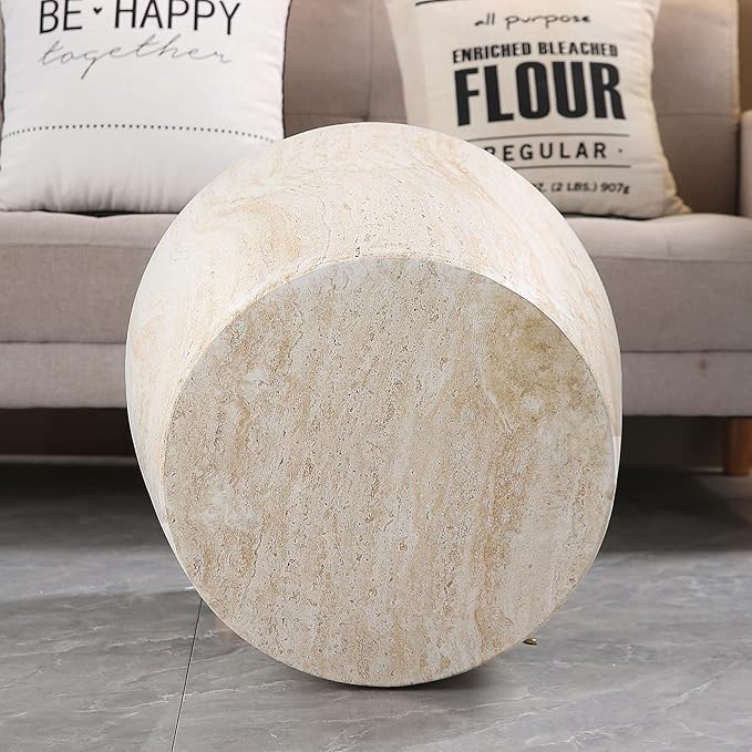 Outdoor Side Table Round Concrete End Table Faux Stone Side Tables Travertine Small Coffee Tables for Indoor Outdoor, Garden Stool Plant Stand for Porch Backyard Patio Faux Marble-Barrel