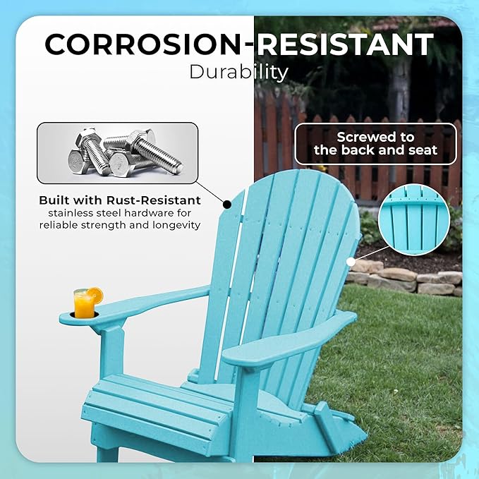 Ecommersify Folding Adirondack Chair with Cup Holder - (Aruba Blue) - Heavy Duty Recycled Poly Lumber Folding Chair - Amish Crafted Outdoor Furniture - Made in USA