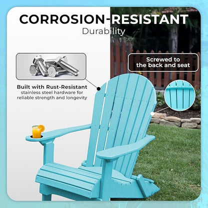 Ecommersify Folding Adirondack Chair with Cup Holder - (Aruba Blue) - Heavy Duty Recycled Poly Lumber Folding Chair - Amish Crafted Outdoor Furniture - Made in USA