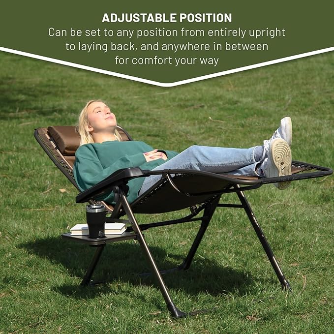 TIMBER RIDGE Aluminum Zero Gravity Chairs, Folding Recliner Chair Padded with Cup Holder and Headrest, Adjustable Lounge Reclining Chair for Outdoor Camping Lawn Patio Indoor, Supports 350lbs, Brown