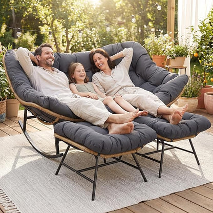 NICESOUL Oversized Double Rocking Papasan Chair with Cushion, 2 Person Big Wicker Outdoor Comfy Recliner, Large Heavy Duty 700 lbs Loveseat for Patio, Balcony, Backyard (Grey, 2 Seats w/Ottoman)