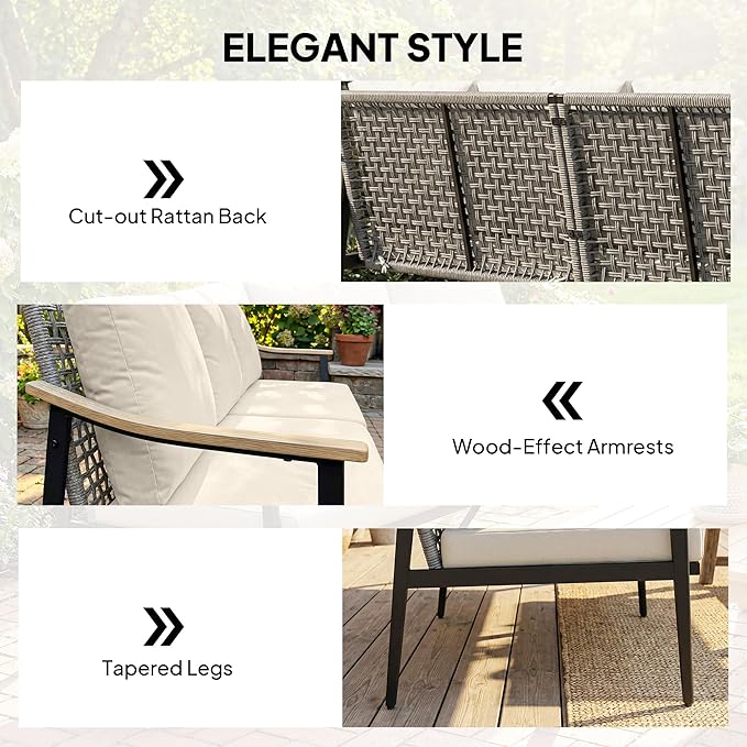 Outsunny Outdoor Patio Couch, 3 Seater Outdoor Sofa with Wood-Effect Armrests and Wicker Backrest, Outdoor Patio Furniture Couch with Cushions, Steel Frame for Porch, Garden, Backyard, Khaki | Removable covers