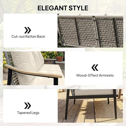 Outsunny Outdoor Patio Couch, 3 Seater Outdoor Sofa with Wood-Effect Armrests and Wicker Backrest, Outdoor Patio Furniture Couch with Cushions, Steel Frame for Porch, Garden, Backyard, Khaki | Removable covers