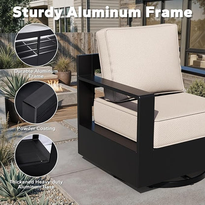 Outdoor Aluminum Furniture Set, 5-Piece Patio Conversation Set, 4 Swivel Chairs and 1 Sofa, All-Weather Metal Frame, 6" Thick Removable Cushions, Deep Setting for Garden, Poolside and Porch