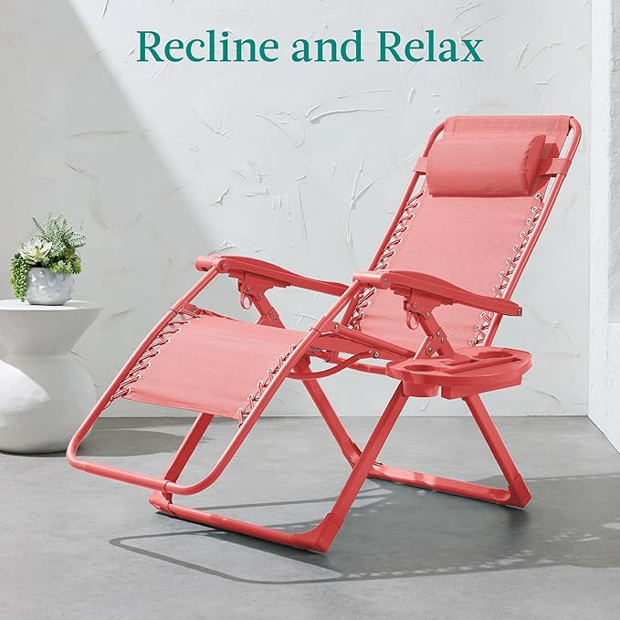 Best Choice Products Adjustable Zero Gravity Chair, Monochromatic Color Folding Patio Recliner w/Side Tray, Headrest - Coral