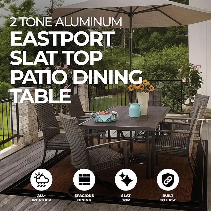 Four Seasons Courtyard 40 x 70 Inch Rectangular Patio Dining Table 2 Tone Aluminum Eastport Slat Tabletop with Rust Proof Aluminum Frame, Black/Coffee