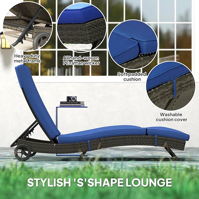 Outsunny Wicker Chaise Lounge Chair Outdoor with Wheels & Cushion, PE Rattan Patio Lounge Chair with 5-Level Adjustable Backrest for Poolside, Garden, Dark Blue