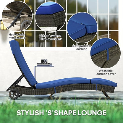 Outsunny Wicker Chaise Lounge Chair Outdoor with Wheels & Cushion, PE Rattan Patio Lounge Chair with 5-Level Adjustable Backrest for Poolside, Garden, Dark Blue