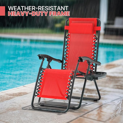 Magshion Zero Gravity Lounge Chair, Adjustable Folding Recliner with Cup Holder Side Tray & Removable Headrest Pillow, Portable Outdoor Patio Lounger for Camping, Beach, Lawn, Backyard, Red