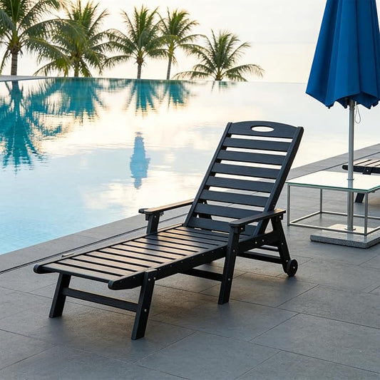 Domi Patio Lounge Chair Outdoor, HDPE Outdoor Chaise Lounge with Reclining Backrest, Pool Lounger Chair for Outside, Poolside, Sunbathing Tanning, Black