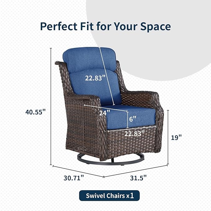 Outdoor Wicker Swivel Rocker Chair with 6-Inch Thick Cushions, High Back Patio Glider Chair, 360° Swivel & Rocking Motion for Porch, Deck, Balcony, Poolside, Brown/Blue
