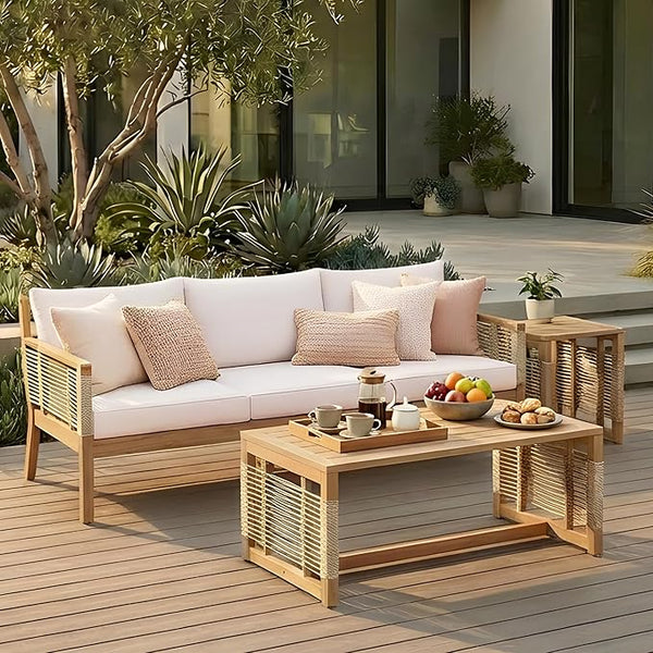 Merax Outdoor Patio Acacia Wood 3-Seater Sofa Set with 2 Coffee Tables with Beige Cushions, Hand Woven Rope Design - Photo 1