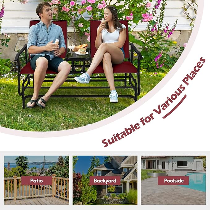 Tangkula 2 Person Swing Glider Chair, Patio Rocking Loveseat w/Center Tempered Glass Table - Photo 9