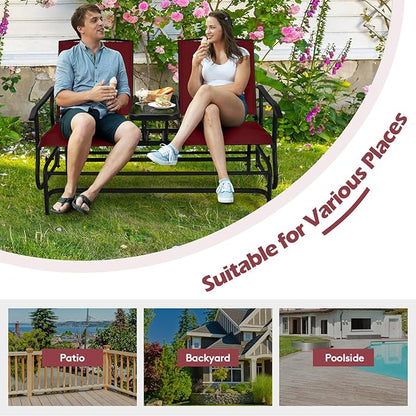 Tangkula 2 Person Swing Glider Chair, Patio Rocking Loveseat w/Center Tempered Glass Table, Outdoor Swing Bench w/Steel Frame & Breathable Mesh Fabric for Porch, Balcony, Poolside (Burgundy)