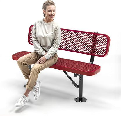 Heavy-Duty Outdoor Metal Bench, Thermoplastic-Coated, Surface, Weatherproof, Commercial-Grade for Parks, Gardens, Patios, Stores & More (4 Ft - Surface with Back, Red)