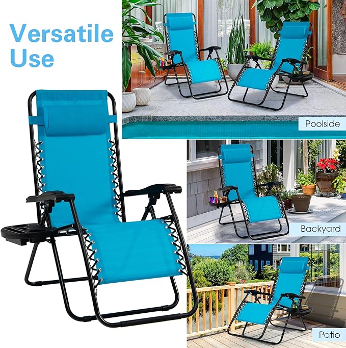 Goplus Zero Gravity Lounge Chairs, 160°Adjustable Folding Recliner w/Pillow and Cup Holder - Photo 7