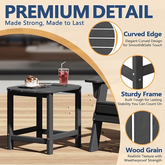 Outdoor Adirondack Side Table for Patio Porch Pool, 18" HDPE Weather Resistant End Table for Backyard and Indoor Use, Easy Maintenance & Indoor Outdoor Durable Construction(Gray)
