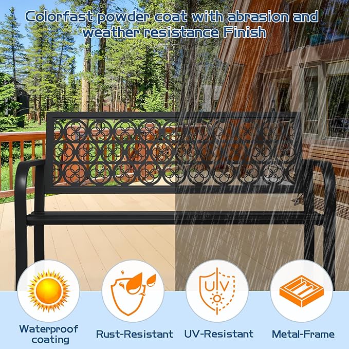 Black Outdoor Bench, Metal Weatherproof Garden Bench Cast Iron Heavy-Duty Patio Bench with Decorative Backrest for Proch Park 880lb Capacity