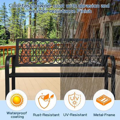 Black Outdoor Bench, Metal Weatherproof Garden Bench Cast Iron Heavy-Duty Patio Bench with Decorative Backrest for Proch Park 880lb Capacity