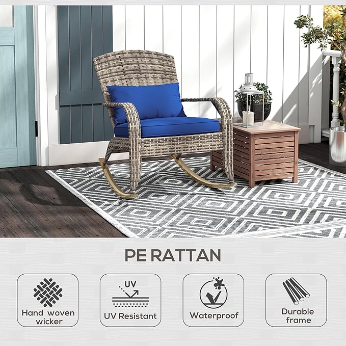 Outsunny Outdoor Wicker Adirondack Rocking Chair, Patio Rattan Rocker Chair with High Back, Seat Cushion, and Pillow for Garden, Porch, Balcony, Dark Blue