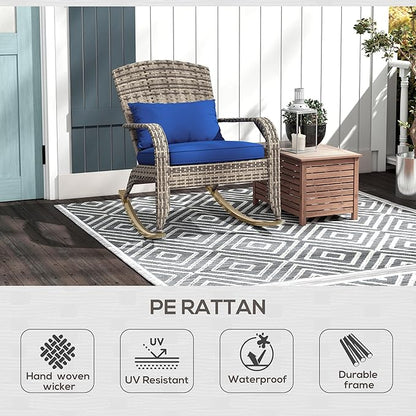 Outsunny Outdoor Wicker Adirondack Rocking Chair, Patio Rattan Rocker Chair with High Back, Seat Cushion, and Pillow for Garden, Porch, Balcony, Dark Blue
