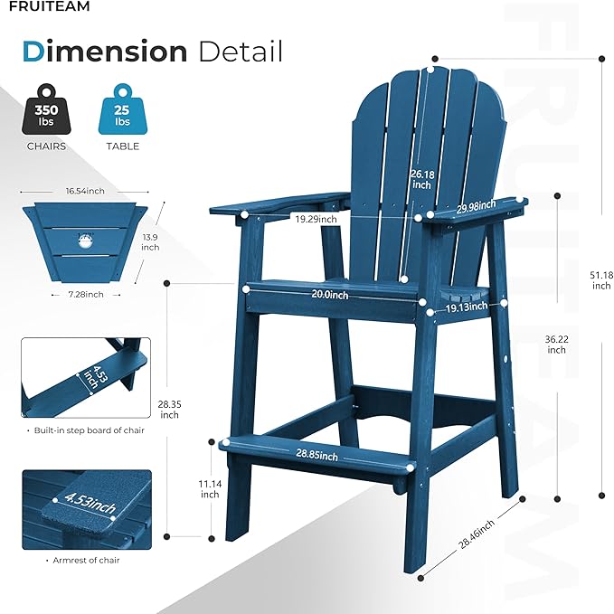 FRUITEAM Tall-Adirondack-Chairs Set of 2, High Adirondack Chair Low-Maintenance Poly Balcony Chairs Set with Connecting Tray, Outdoor Weather-Resistant Deck Chairs, for Patio Pool Yard