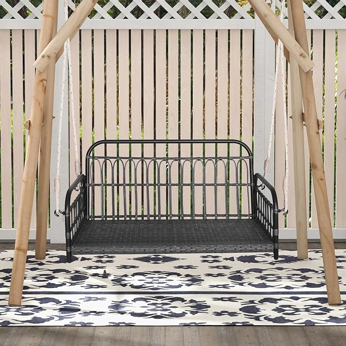HAPPYGRILL 2-Person Patio Wicker Swing Chair, Hanging Outdoor Swing Bench with Removable Cushions, 880 LBS Weight Capacity, Outdoor Front Porch Swing for Garden Poolside Backyard