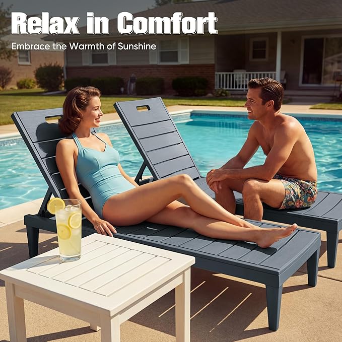 Devoko Outdoor Chaise Lounge Chair Set of 2 with 5-Position Adjustable Back, Waterproof & Lightweight PP Lounge Chairs for Outside Pool Patio (Light Grey)