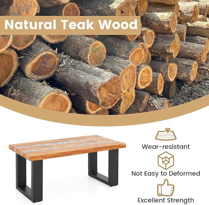 Giantex Teak Outdoor Coffee Table, Rectangular Resin Side Table with River Feel Epoxy Tabletop - Photo 4