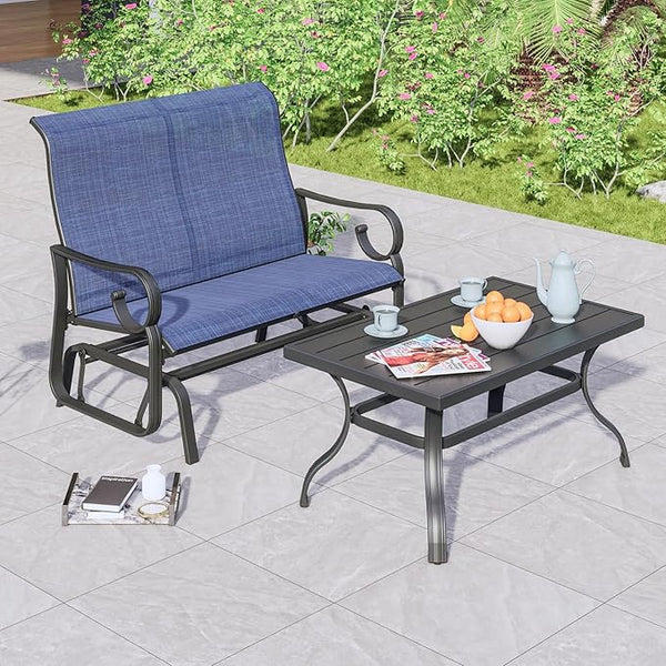 PatioFestival 2 Pcs Patio Glider Bench Set - Outdoor Loveseat Glider Chair with Metal Coffee Table, Textilene Fabric - Photo 1