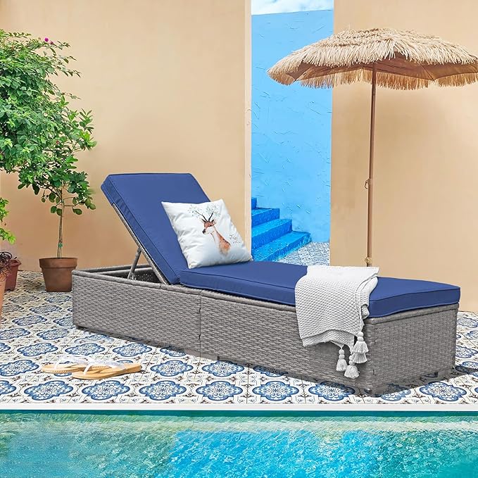 Patiorama Outdoor Patio Chaise Lounge Chair, Elegant Reclining Adjustable Pool Rattan Chaise Lounge Chair with Cushion, Grey PE Wicker, Steel Frame, for Deck, Poolside, Backyard (Blue)