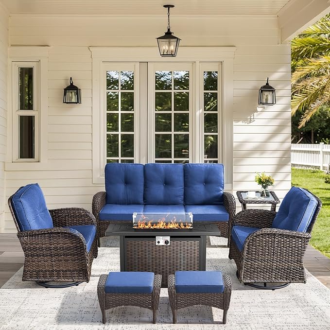 7 Pieces Outdoor Furniture with Fire Pit Deep Seating Wicker Patio Couch with Patio Swivel Chairs Outdoor Furniture Set for Deck Porch Garden Balcony Poolside-Brown/Blue