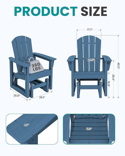 SERWALL Outdoor Glider Chair Set of 2, HDPE Wood-Like Patio Glider Rocker All-Weather Porch Glider for Outside, Blue