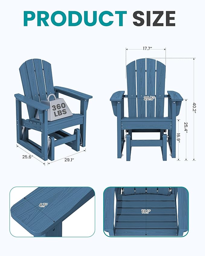 SERWALL Outdoor Glider Chair Set of 4, HDPE Wood-Like Patio Glider Rocker All-Weather Porch Glider for Outside, Blue - Photo 3